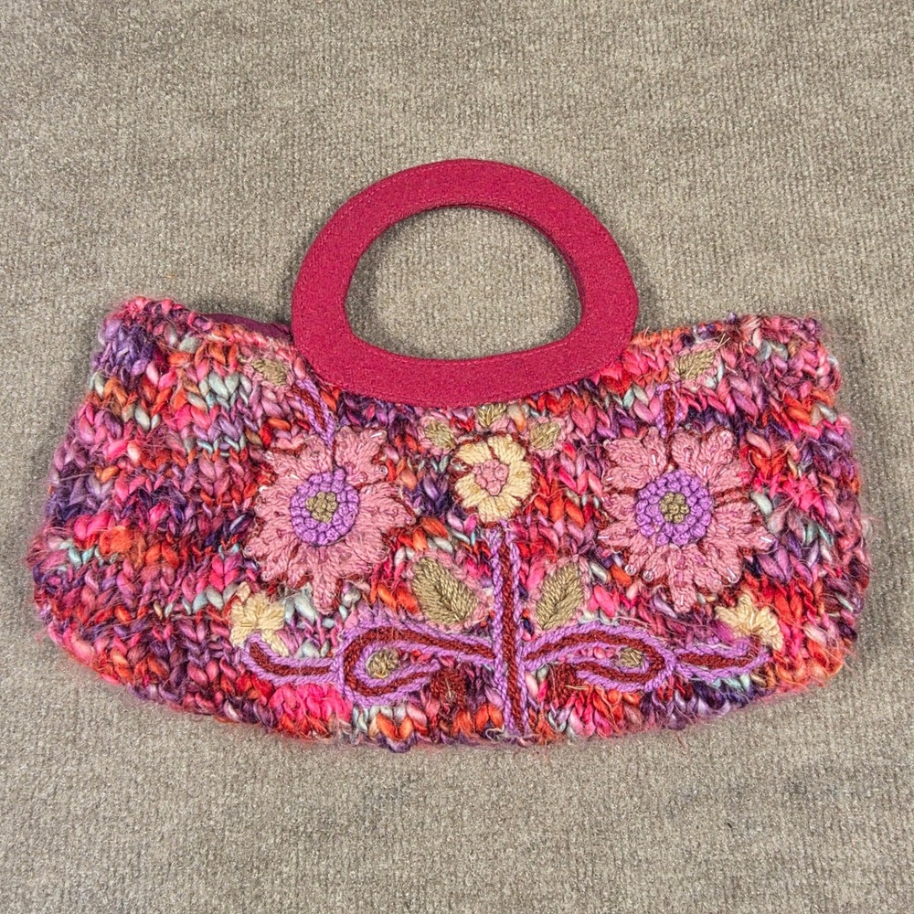 Aldo Pink Chunky Knit Floral Embroidered Beaded Handbag Boho Tote